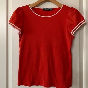 Lauren Ralph Lauren Coral‎ & White Pinstripe Ruffle Puff Sleeve Tee Size Large
